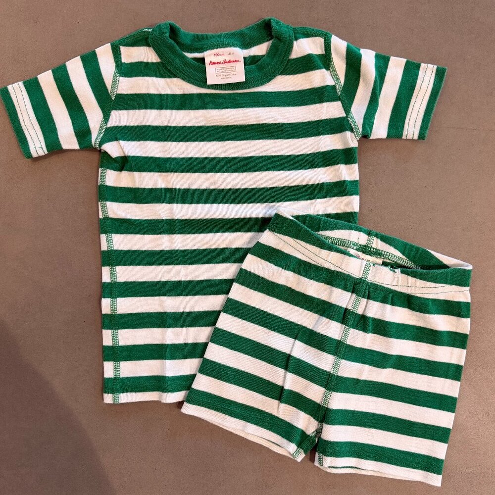 Hanna Andersson Cotton Pajama Set Green Stripe Short Sleeve Shorts Size 4